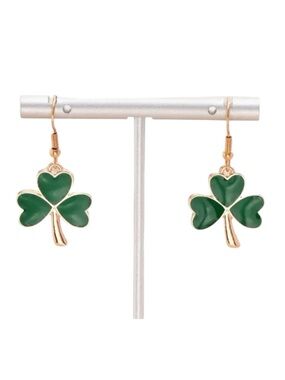 Green Four Leaf Clover Earrings Whimsigoth Gold Shamrock Drop Cottagecore